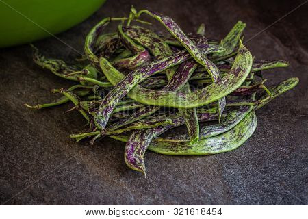 Dragon Tongue Beans On The Table, Green Franch Beans, Daylight,