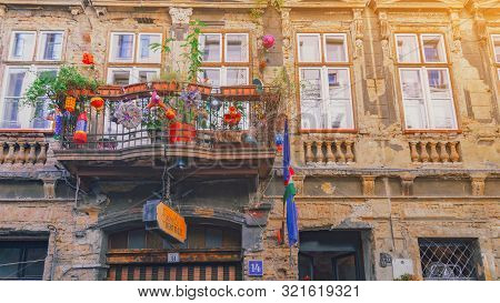 Budapest, Hungary - 4 October 2018. Exterior Of Szimpla Kert Pub, Leading Trendy Hipster Ruin Pub In