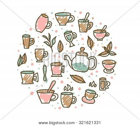 Round Badge Of Tea Cups And Kettle. Hot Beverage Stuff In Doolde Style. Vector Illustration.