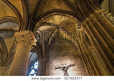Paris, France - June 23, 2017: Old Ceiling In The Notre-dame De Paris Church. Is A Medieval Catholic