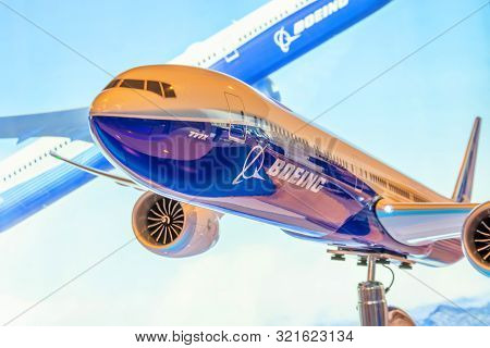 Boeing 777-x Model Exhibition On Display. Russia, Moscow Region Zhukovsky, Airport Ramenskoe. Aviasa