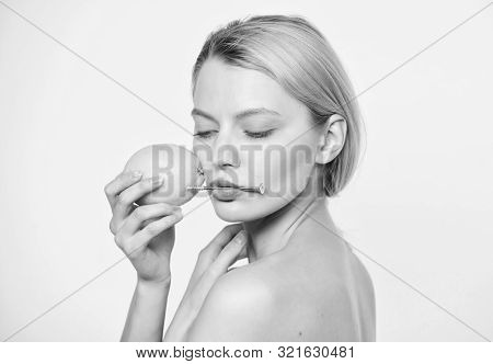 Bio Electrical Current. Lemon Battery. Girl With Hobnail At Lemon. Vitamin Diet Food. Healthy Skin. 