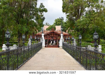 Kanchanaburi, Thailand, 09.09.2019: Beautiful Garden, Lake, Traditional Thai, Siamese Clothes, Build