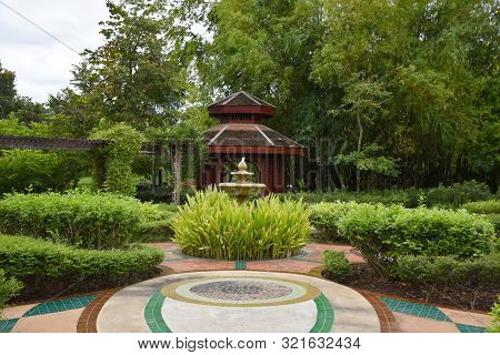 Kanchanaburi, Thailand, 09.09.2019: Beautiful Garden, Lake, Traditional Thai, Siamese Clothes, Build