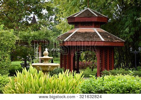 Kanchanaburi, Thailand, 09.09.2019: Beautiful Garden, Lake, Traditional Thai, Siamese Clothes, Build