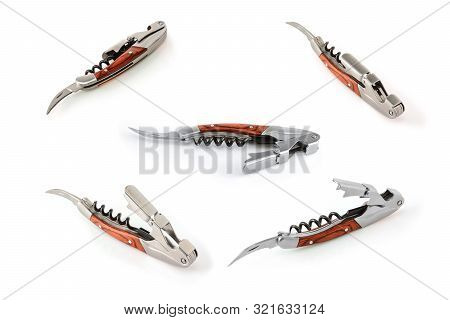 Set Of Five Sommelier Knifes With Corkscrew And Bottle Opener In The Unfolded State, Professionsl Wa
