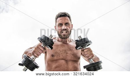 Man Sportsman With Strong Ab Torso. Steroids. Athletic Body. Dumbbell Gym. Fitness Health Diet. Musc
