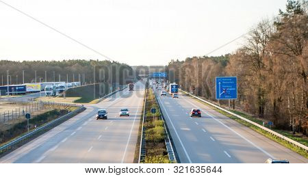 Krelingen, Germany, April 1, 2019: Autobahn In Germany, Cars Driving On The Road. View From The Brid