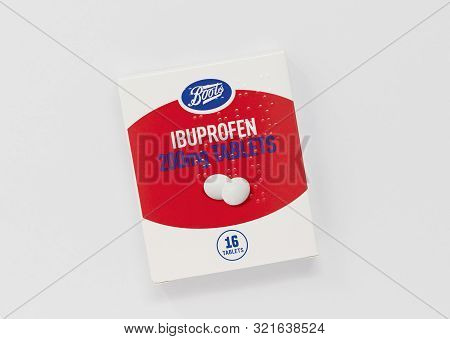 London / Uk - September 7th 2019 - Packet Of Ibuprofen Painkillers, Closeup Of Packet From Boots Pha