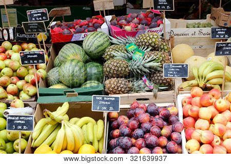 Copenhagen, Denmark - September 4, 2019: Market Stall With Fruits Outside The Torvehallerne Near Nor
