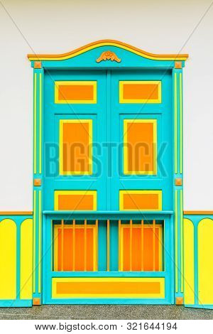 View On Colorful Door Of Colonial Building In The City Of Filandia, Colombia