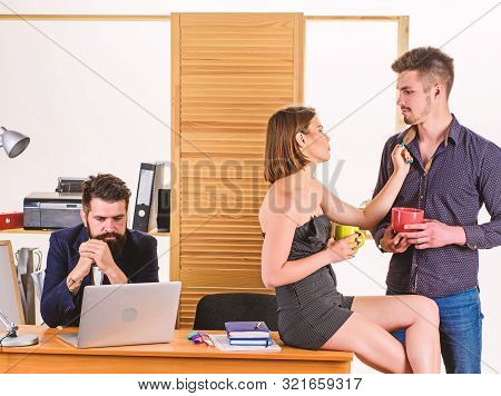 Woman Flirting With Coworker. Woman Attractive Working Man Colleague. Office Collective Concept. Mor