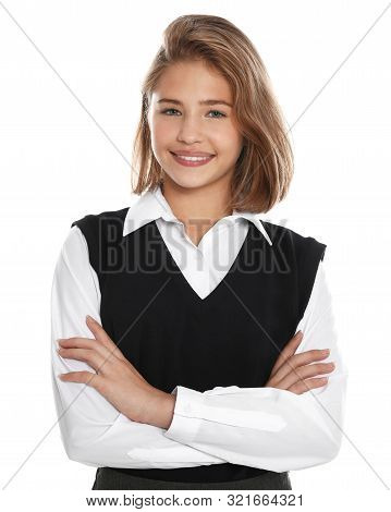 Happy Girl In School Uniform On White Background