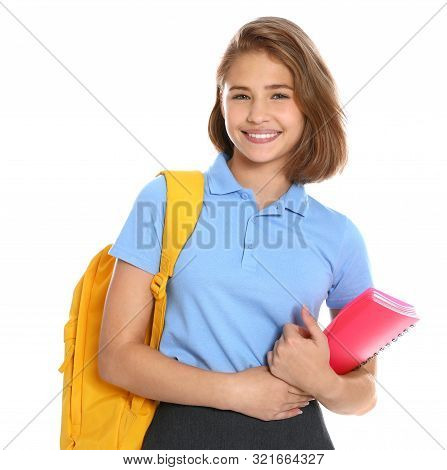 Happy Girl In School Uniform On White Background