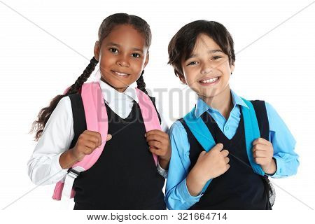 Happy Children In School Uniform On White Background