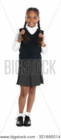 Happy African-american Girl In School Uniform On White Background