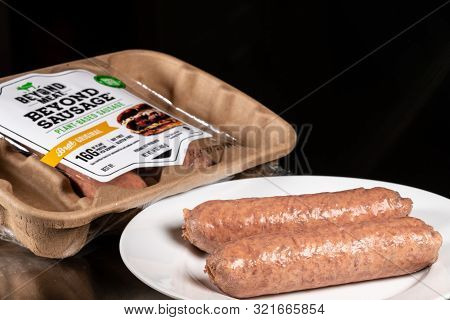 Morgantown, Wv - 11 September 2019: Packaging For Beyond Meat Beyond Plant-based Sausages On Steel T