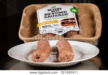 Morgantown, Wv - 11 September 2019: Packaging For Beyond Meat Beyond Plant-based Sausages On Steel T