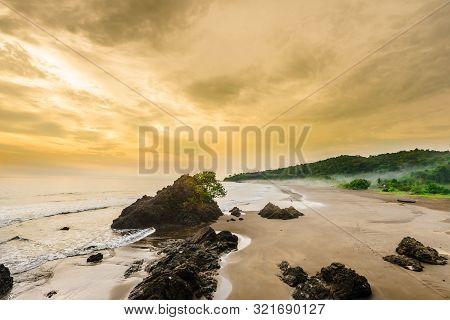 Beautiful Sunset On Beach Almejal At Pacific Ocean Coast In Choco Region By El Valle Next To Bahia S