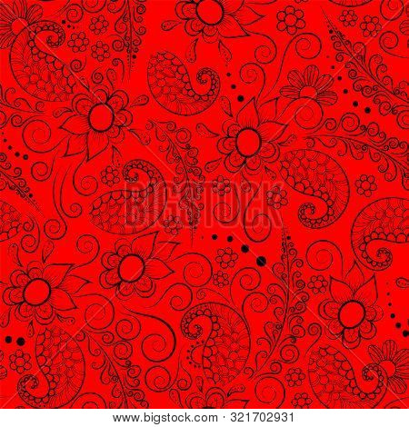 Vector Version.intricate Flowers,paisley And Swirls Designed Repeat Pattern On Red Hot Background