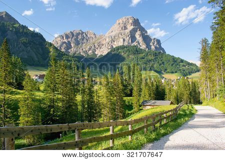 Beautiful Summer Mountain Scenery With Hiking Trail. Colfosco,  Dolomites Italy