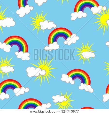 Vector Repeat Pattern. Sun,clouds And Rainbow On Sky Blue Background