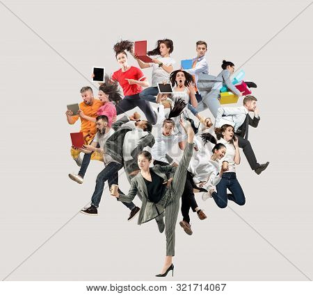 Happy Office Workers Jumping And Dancing In Casual Clothes Or Suit With Folders, Coffee, Tablet On W