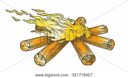 Torch Flame Blowing In Wind Color Vector. Burning Starburst Timbers Flame Fireplace. Camping Tourist
