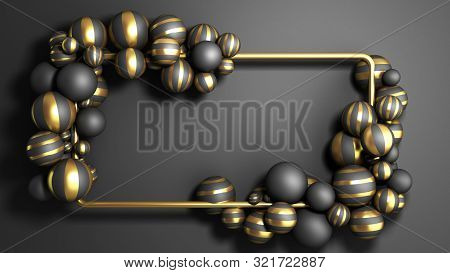 Abstract Background Gold Frame On A Black Background With Striped Elegant Balls 3d Render