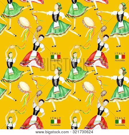 Seamless Pattern Dancers In National Costume An Italian Tarantella With A Tambourine On Yellow Backg