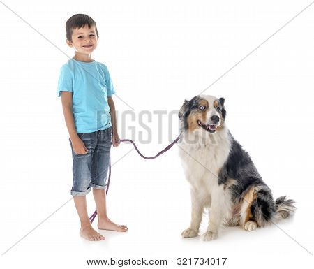 Child And Dog In Font Of White Background