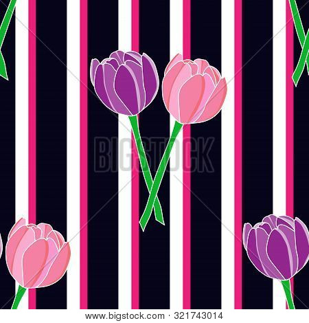 Vector Illustration. Vector Repeat Pattern. Hand Drawn Tulip Bulbs With Stems On Broad Striped Backg