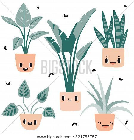 Set With Five Cartoon Cactus And Flower Pots. Cute Colorful Hand Drawn Collection. Flat Style, Kawai