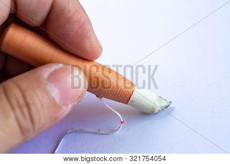 Woman's Left Hand Holding Dermatograph Pencil Writing Letter On White Paper Texture Background, Note