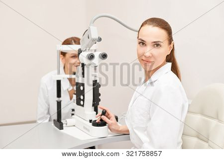 Eye Ophthalmologist Exam. Eyesight Recovery. Astigmatism Check Concept. Ophthalmology Diagmostic Dev