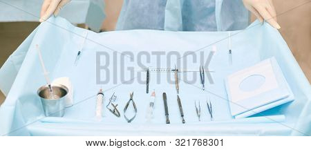 Ophthalmology Laser Microscope Operation. Clinic Room With Doctor And Parient. Gloves And Medicine T