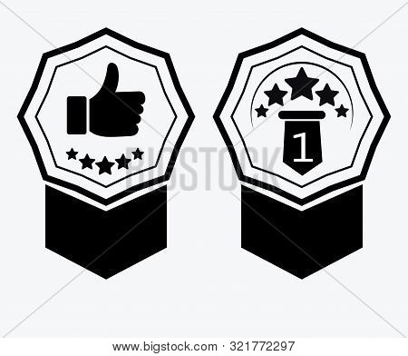 A Sign Of Premium Class. Medal With A Star And Ribbon. Mark Of Distinction. Black And White Quality 