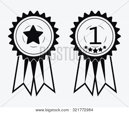 A Sign Of Premium Class. Medal With A Star And Ribbon. Mark Of Distinction. Black And White Quality 