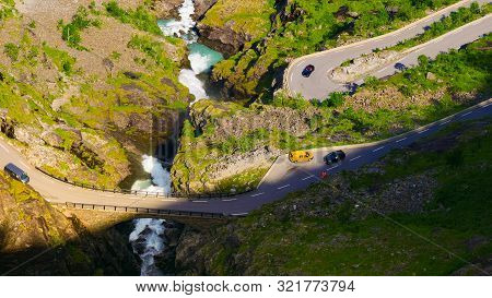 Trolls Path Trollstigen Winding Scenic Mountain Road With Many Cars, Norway Europe. National Tourist