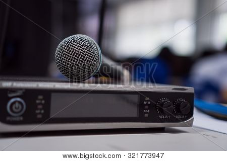 Microphone On Recording Studio Prepare Fot Speech In Seminar Room Or Speaking Conference Hall Light 