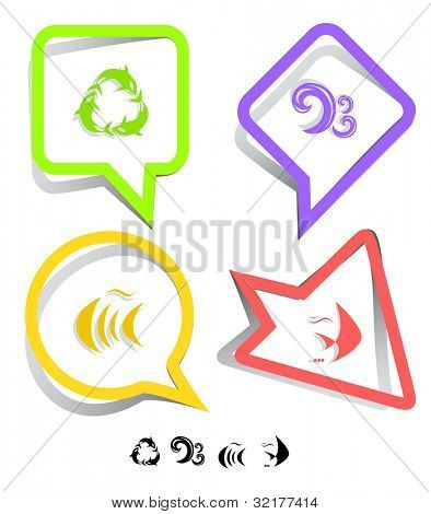 Animal icon set. Killer whale, fish, wave.  Paper stickers. Vector illustration.