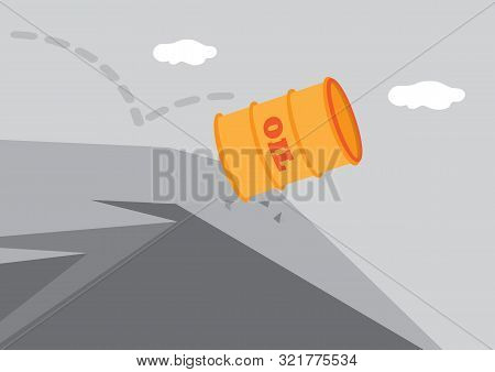 Vector Illustration Of A Oil Barrel Going Down Hill. Business Concept Of The Downfall Of Oil Industr