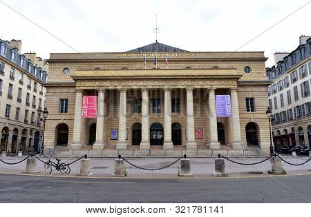 Paris, France. August 12, 2019. Odeon Theatre De Leurope. Neoclassical Facade.