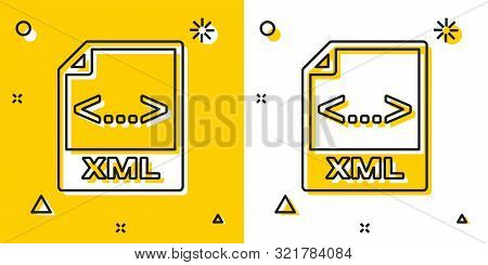 Black Xml File Document. Download Xml Button Icon Isolated On Yellow And White Background. Xml File 