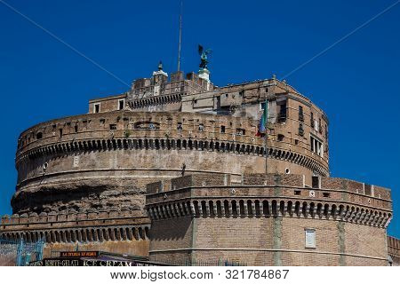 Rome, Italy - April, 2018: The Beautiful Mausoleum Of Hadrian Also Called Sant Angelo Castle Built O