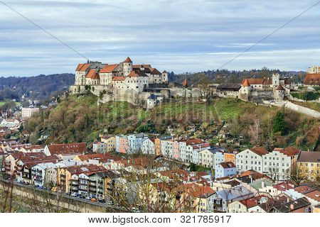 Burghausen Castle On The Hill In Burghausen, Germany. View From The Hill Across Salzach River