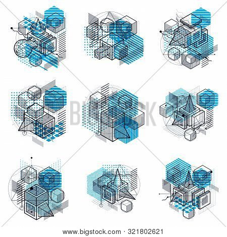 Isometric Linear Abstract Vector Backgrounds, Lined Abstractions. Cubes, Hexagons, Squares, Rectangl