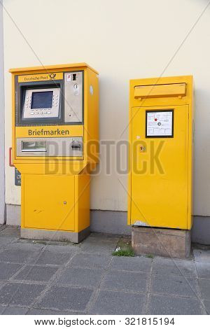 Nuremberg, Germany - May 6, 2018: Deutsche Post (german Post) Stamp Vending Machine In Nuremberg. De