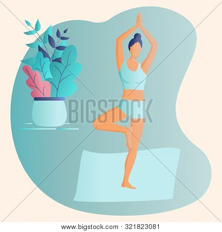 Trendy Concept Of Fitness Class:cute Girl Standing In Yoga Tree Pose.flat Funky Figures Style.decora