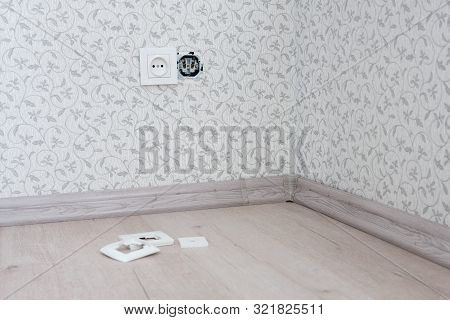 Unrepaired Electrical Outlet In The Wall In The New Empty Apartment